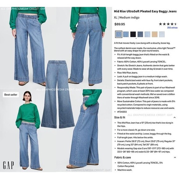 NWOT GAP UltraSoft Pleated Easy Baggy Jeans Drapey Tencel Wide Leg Elastic Waist - Picture 3 of 11